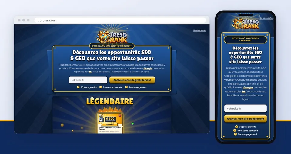 Aperçu de la réalisation : Tresorank.com, l’audit SEO vendu carte par carte