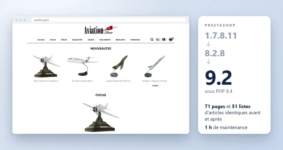 Aperçu de la réalisation : PrestaShop 1.7 vers 9 avec 1 h de maintenance
